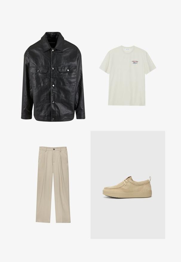 Veste en cuir noir avec un devant à boutons, deux poches poitrine et un col pointu, au toucher lisse et au design minimaliste.; T-shirt en coton crème clair avec des manches courtes. Présente un petit graphisme bleu et rouge d'un marlin avec le texte "MARLIN TROPHY".; Pantalon beige à coupe droite, doté d'un seul bouton noir, de passants de ceinture et de poches latérales. Texture de tissu lisse et design minimaliste.; Chaussures beiges en suede à enfiler avec un bout rond, des coutures minimales et une semelle en caoutchouc. Texture douce avec un accent de marque subtil au talon.