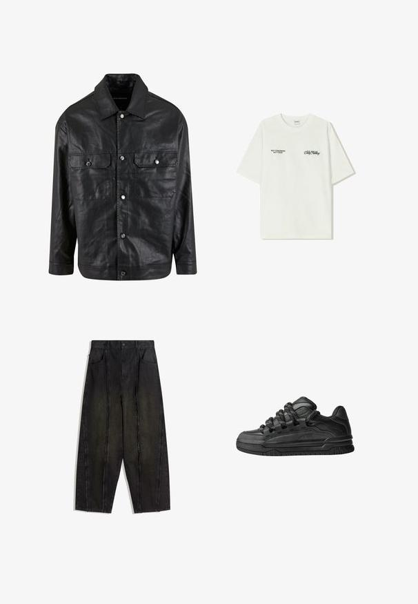 Zwarte leren jas met een knoopsluiting aan de voorkant, twee borstzakken en een puntige kraag, met een gladde textuur en minimalistisch ontwerp.; Witte katoenen T-shirt met korte mouwen. Aan de voorkant staat in zwarte tekst: "NIET MORGEN NIET VANDAAG" en "DE KUNST VAN VUIL VERPLAATSEN" in groene cursieve letters.; Zwarte denim broek met wijde pijpen, zichtbare naden en rafelige randen, met twee voorkozyekken en een hoge taille.; Zwarte sneakers met een glad leren bovenwerk, gearceerde accenten en ronde zwart-witte veters. Dikke rubberen zool met een geprofileerd loopvlak.