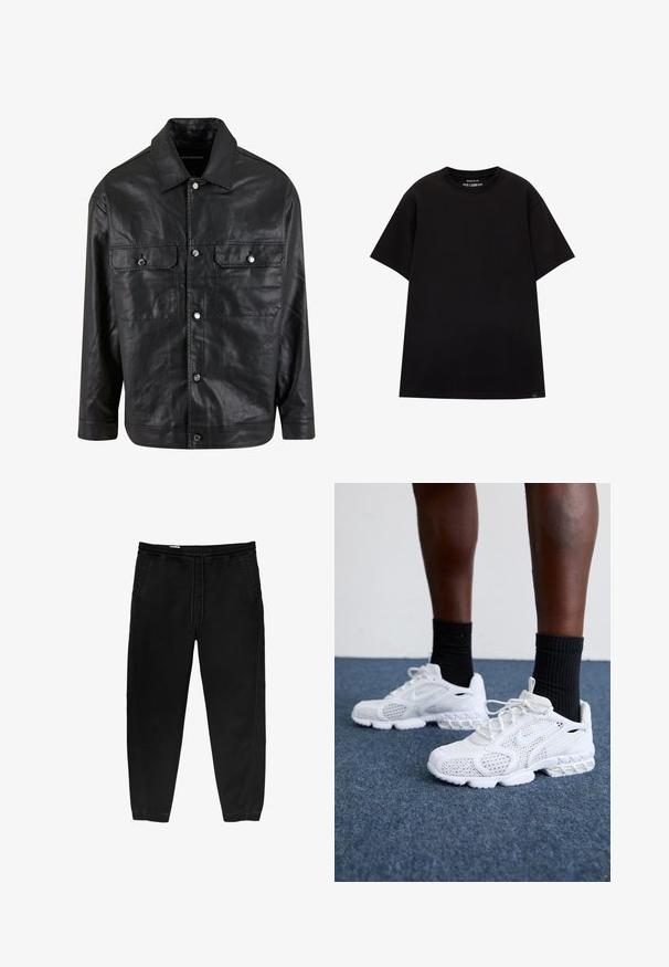 mustat nahkatakki, jossa on nappikiinnitys edessä, kaksi rintataskua ja terävä kaulus, joka on sileä ja yksinkertainen muotoilu.; PULL&BEAR JOIN LIFE - T-paita - black; Mustat joustavat vyötäröhousut, joissa on nyöri, kapenevat lahkeet, sivutaskut ja hienovaraiset sivustikkaukset. Pehmeä puuvillakangas.; Valkoiset urheilukengät, joissa on verkkomateriaali, teksturoidut yksityiskohdat ja pehmeä pohja. Yhdistetty mustiin ribbikuvioisiin nilkkasukkiin sinisellä matolla.