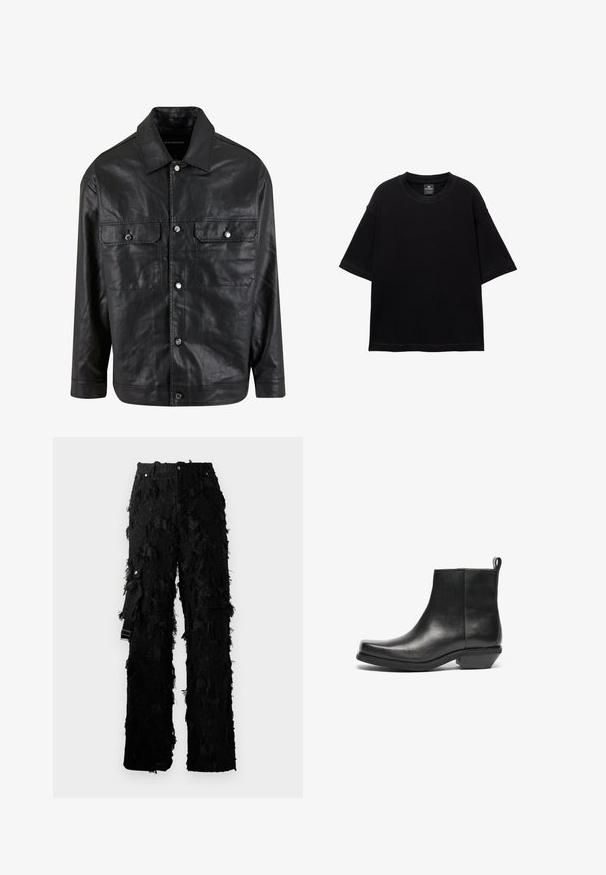 Črna usnjena jakna s prednjim zapenjanjem na gumbe, dvema prsoma žepoma in koničastim ovratnikom, ki ima gladko teksturo in minimalističen dizajn.; Črno kratko majico s kratkimi rokavi iz bombaža, z okroglo ovratnico in sproščenim krojem. Gladka tekstura z minimalnimi detajli šivanja.; Črne hlače z teksturiranim, frinžastim dizajnom. Imajo visok pas, kovinsko gumbno zapiranje in stranske trakove za nastavitev.; Črne usnjene gležnjarje s koničastim prstom in nizko blokasto peto. Elegantna oblika z gladko teksturo in zanka za enostavno obuvanje.