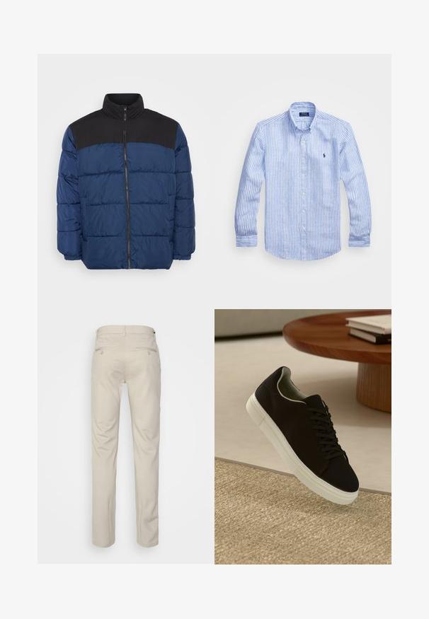 Polstret jakke i marineblå med en sort overdel. Har høy krage, glidelås foran og elastiske mansjetter. Glatt, lett materiale.; Blå og hvit stripete langermet skjorte laget av bomull, med knappekrage, frontknapper og en liten brodert logo på brystet.; Beige bukser med en glat tekstur, lige snit, to baglommer med knapper og en standard talje.; Svart sneakers med hvit såle som svever over en beige teksturert teppe nær et rundt trebord med stablede bøker.