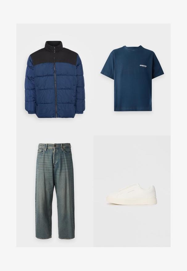 Veste rembourrée bleu marine avec un panneau supérieur noir. Caractéristiques : col montant, zip à l'avant et poignets élastiques. Matériau lisse et léger.; T-shirt en coton bleu marine à manches courtes et col rond. Présente un petit logo blanc sur la zone gauche de la poitrine. Texture douce.; Jeans en denim bleu clair avec une coupe ample, taille mi-haute et jambes droites. Comprend cinq poches, des passants de ceinture et une fermeture à bouton.; Baskets blanches sans lacets avec une surface texturée, une semelle épaisse et un design minimaliste. Présente le logo de la marque sur le côté.