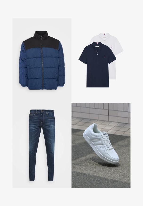 Veste rembourrée bleu marine avec un panneau supérieur noir. Caractéristiques : col montant, zip à l'avant et poignets élastiques. Matériau lisse et léger.; Deux polos : un bleu marine et un blanc, tous deux avec un petit accent rouge, blanc et bleu sur la poche poitrine et le col.; Jean en denim bleu foncé avec une coupe slim, décoloration subtile, cinq poches et une fermeture à bouton en métal. Accents cousus dans une couleur contrastante.; Baskets blanches de sport avec une tige en cuir lisse, un laçage à l'avant, une pointe perforée et une semelle à motifs. Design minimaliste avec trois bandes latérales.