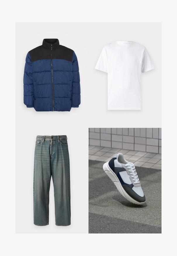 Gaišs jaka tumši zilo krāsā ar melnu augšējo paneli. Aprīkota ar augstu apkakli, rāvējslēdzēju priekšpusē un elastīgām aprocēm. Gluda, viegla materiāla.; Balts īsajiem piedurknēm T-krekls no kokvilnas ar apaļu dekoltē, ar gludu tekstūru un vienkāršu dizainu, bez rakstiem vai akcentiem.; Gaiši zili džinsi ar brīvu piegriezumu, vidējo jostas augstumu un taisnām kājām. Satur piecas kabatas, jostas cilpas un pogu aizdari.; Balti, tumši zili un pelēki sporta apavi ar jauktu materiālu dizainu, kuram ir teksturēts augšdaļa, plakani šņores un mīkstināta zole.