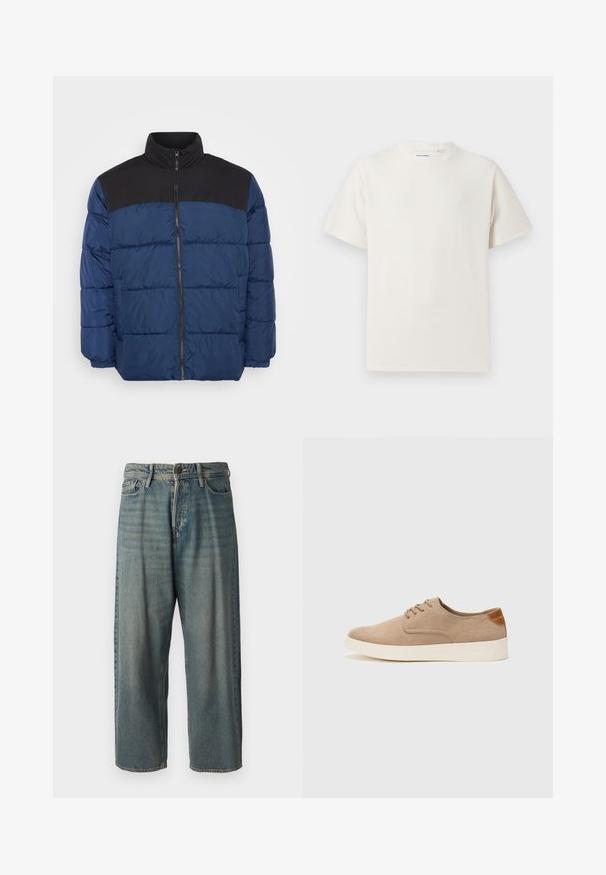 Giacca imbottita di colore blu navy con un pannello superiore nero. Presenta un colletto alto, chiusura a zip e polsini elastici. Materiale liscio e leggero.; T-shirt bianca a maniche corte in texture a coste. Girocollo, vestibilità rilassata, senza modelli o accenti visibili. Design semplice e versatile.; Jeans di denim azzurro chiaro con vestibilità ampia, vita media e gambe dritte. Presenta cinque tasche, passanti per cintura e chiusura con bottone.; Sneaker in suede beige con punta arrotondata, stringhe davanti e un accento testurizzato sul retro. La suola in gomma bianca offre un contrasto. Design semplice e moderno.