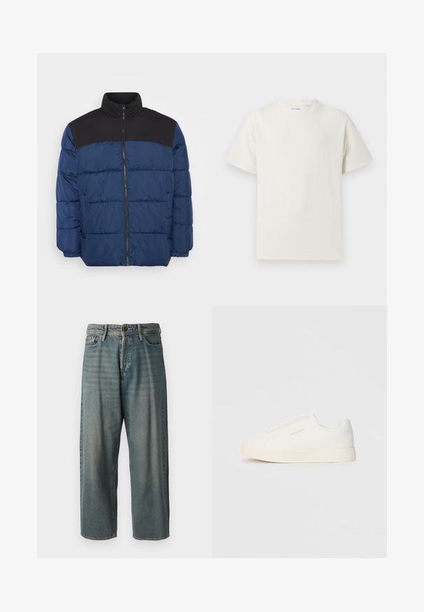 Padded jacket in navy blue with a black upper panel. Features a high collar, zip front, and elastic cuffs. Smooth, lightweight material.; White short-sleeve T-shirt in a ribbed texture. Round neckline, relaxed fit, no visible patterns or accents. Simple and versatile design.; Light blue denim jeans with a loose fit, mid-rise waist, and straight legs. Features five pockets, belt loops, and a button closure.; White slip-on sneakers with a textured surface, a thick sole, and minimalistic design. Features brand logo on the side.