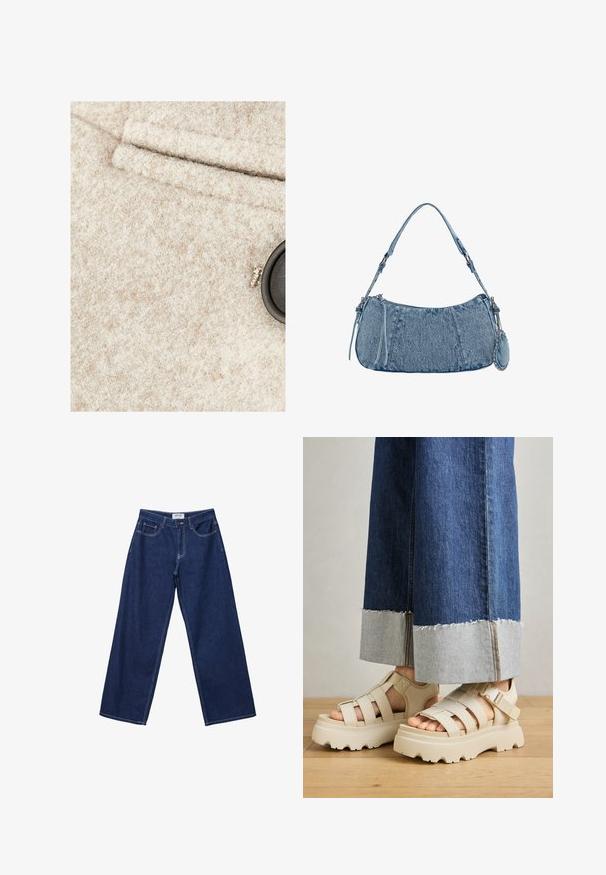Beiger Wollstoff mit weicher Textur, versehen mit einem schwarzen Knopf und einer genähten Tasche. Dezente Farbtupfer sind im Material sichtbar.; Weißes Langarm-T-Shirt aus geripptem Stoff mit Rundhalsausschnitt und geradem Saum. Schlichtes, einfarbiges Design.; Hellebänder aus dunkelblauem Denim mit Knopfverschluss, fünf Taschen und kontrastierenden weißen Nähten. Der Stoff hat eine glatte, leicht strukturierte Oberfläche.; Beige Plattform-Sandalen mit dicken Sohlen verfügen über ein Riemchen-Design und verstellbare Knöchelriemen. Getragen zu weit geschnittenen Denim-Hosen, ist ein Saum ausgefranst.; Denim-Handtasche mit geschwungener Form, hellblauer Farbe, verstellbarem Schultergurt und einem kleinen abnehmbaren Täschchen mit metallischen Akzenten.