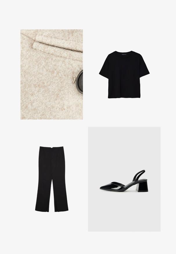 Beige uldstof med en blød tekstur, som har en sort knap og en syet lomme. Delikate farveflekker synlige i materialet.; Sort kortærmet T-shirt lavet af bomuld. Har rund hals og en løs pasform med en glat, ensfarvet tekstur. Ingen synlige mønstre eller detaljer.; Sorte bukser med lige pasform, der har frontlommer og slidser i kanten. Lavet af blødt, glat stof. Velegnet til forskellige anledninger.; Sorte patentlæder slingback hæle med spids tå og en geometrisk blok hæl. Har et elegant, minimalistisk design og en glat tekstur.
