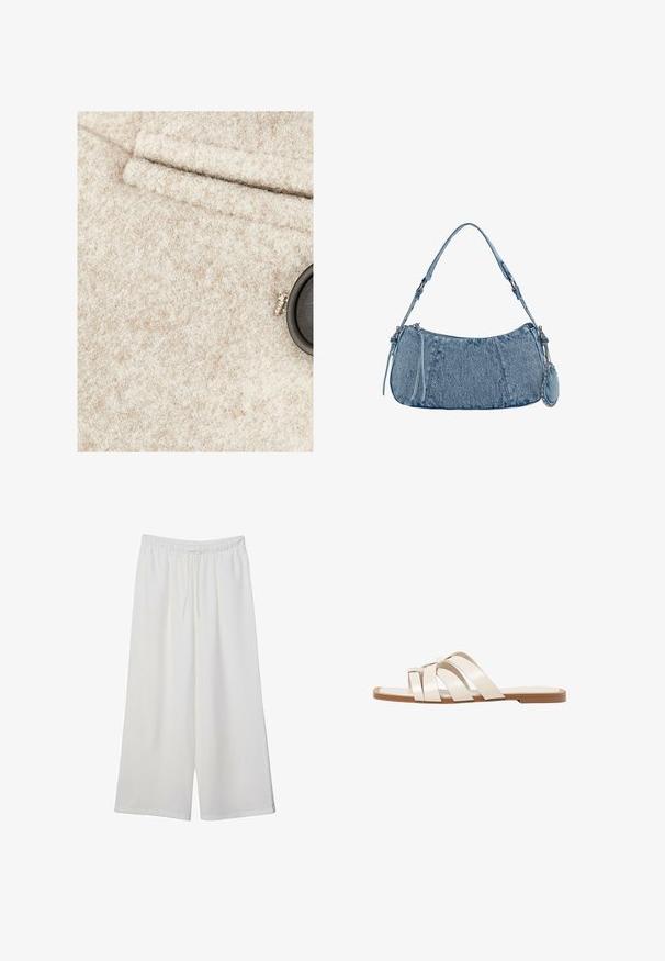 Beige villa kangasta, jolla on pehmeä rakenne, mustalla napilla ja ommellulla taskulla. Materiaalissa näkyy hienovaraisia väriläiskiä.; Lyhythemmtä, pyöreäkauluksista valkoista t-paitaa, joka on valmistettu pehmeästä puuvillasta. Paidassa on yksinkertainen, selkeä muotoilu ilman näkyviä kuvioita tai korostuksia.; Valkoiset leveälahkeiset housut, jotka on valmistettu kevyestä kankaasta. Niissä on joustava vyötärö ja nauha säädettävää istuvuutta varten. Sileä pinta.; Tason vaaleanruskealla kumipohjalla, jossa on kolme päällekkäistä valkoista nahkaremmiä ja pieni satiininen rusetti keskellä.; Denim-käsilaukku, jossa on kaareva muoto, vaaleansininen väri, säädettävä olkahihna ja pieni irrotettava pussukka metallikoristeilla.