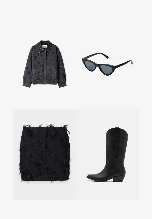 Zwarte denimjack met leren kraag, bloemenpatroon, elastische tailleband en twee zijzakken. De gestructureerde stof voegt diepte toe.; Twee mouwloze geribbelde coltruien in bruin en zwart, weergegeven op een effen witte achtergrond.; Zwarte textuurrok met een gelaagde franjes ontwerp en een licht onregelmatige zoom, gemaakt van een lichte stof.; Zwarte leren cowboylaars met spitse neus, lage gestapelde hak en een ingewikkeld geïmbossieerd bladerenpatroon op de schacht. Lus aan de bovenkant voor eenvoudig aantrekken.; Zwarte cat-eye zonnebril met donkergrijze lenzen, slank plastic frame, puntige hoeken en rechte pootjes. Geen zichtbare hardware of accenten.; Bordeaux leren handtas met een gebogen vorm, gouden accenten op het beslag en een ritssluiting. Voorzien van een afneembare schouderriem.