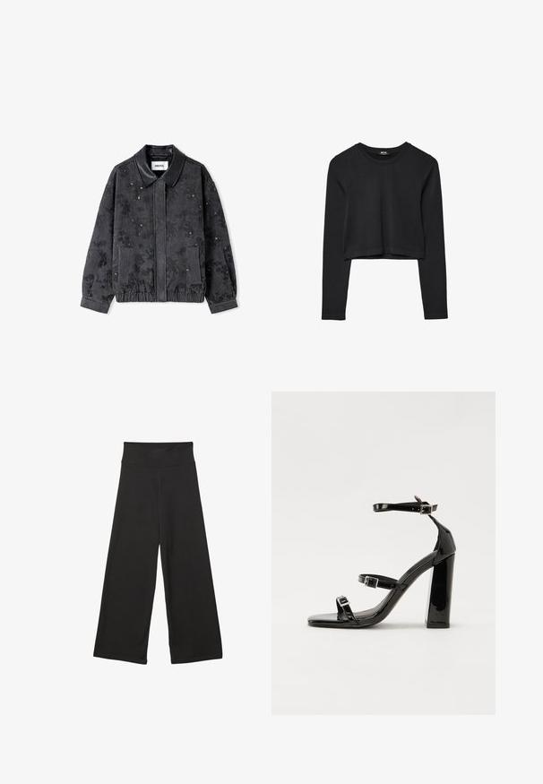 Zwarte denimjack met leren kraag, bloemenpatroon, elastische tailleband en twee zijzakken. De gestructureerde stof voegt diepte toe.; Zwarte lange mouwen cropped top met ronde halslijn, eenvoudige ontwerp en een licht gebogen zoom.; Zwarte wijde broek met hoge elastische tailleband, zachte stof en een losse pasvorm, geschikt voor casual wear of ontspannen omgevingen.; Zwarte gepatenteerde sandalen met hak en een vierkante neus, enkelbandjes en zilveren gespen. Heeft een stevige blokhak voor stabiliteit.