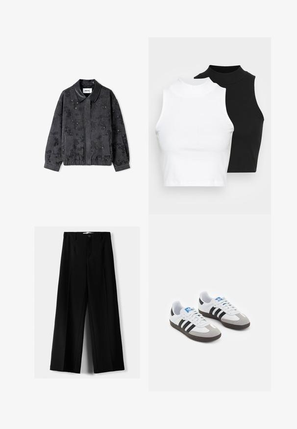 Schwarze Jeansjacke mit Lederkragen, floralem Muster, elastischem Bund und zwei Seitentaschen. Strukturierter Stoff verleiht Tiefe.; Zwei ärmellose, gerippte Rollkragenoberteile in Schwarz und Weiß, mit einer figurbetonten Passform und glatter Textur sowie einer cropped Länge.; Schwarze weite Hosen aus leichtem Stoff, mit einem Knopfverschluss vorne und flachem Bund, mit sorgfältig genähten Säumen.; Sportschuhe mit einem Obermaterial aus weißem Leder, grauer Wildleder-Zehenkappe und drei schwarzen Streifen. Sie verfügen über ein blaues Logo auf der Zunge und eine strukturierte Gummisohle.