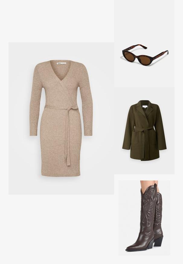 VILA VIJUICE BELT JACKET - Klasisks mētelis - four leaf clover; Bežs ribots austs apģērbs ar garām piedurknēm, V-veida kaklu un saitējo jostu. Gluda tekstūra, piegulošs dizains, vidēja garuma apakšmala.; Brūni ādas kovboju zābaki ar norādītu purngalu un blokveida papēdi, ar detalizētu šūšanu un paceltiem akcentiem uz kājas daļas.; Brūnas pūķu kaula saulesbrilles ar vintage kaķa acs formu un brūniem stikliem. Ievērojamas ar izliektiem ieročiem ar sarkaniem akcentiem.; Melnā hobo soma, kas izgatavota no gludas ādas līdzīga materiāla, ar savītu rokturi, ar mīkstu, noapaļotu formu un augšējo rāvējslēdzēju.; Zelta auskari ar gludu, spīdīgu apdari. Apaļš dizains, kas ietver mazu tapu un caurspīdīgu pamatni drošai valkāšanai.