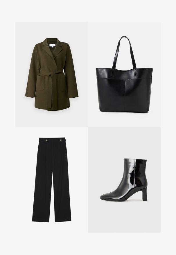 VILA VIJUICE BELT JACKET - Klassisk kåpe / frakk - four leaf clover; Svart langermet topp med utsvingte mansjetter, myk tekstur og avslappet passform, med enkel rund hals.; Svart vide bukser med høy midje, knappdetaljer på midjebåndet og frontplisser.; Sorte patentlær ankle boot med spiss tå og en mellomhøy blokkhelt. Glatt tekstur og minimalistisk design.; Svart lær toteveske med to lange håndtak, en glatt tekstur og en strukturert form. Har en frontlomme for ekstra oppbevaring.