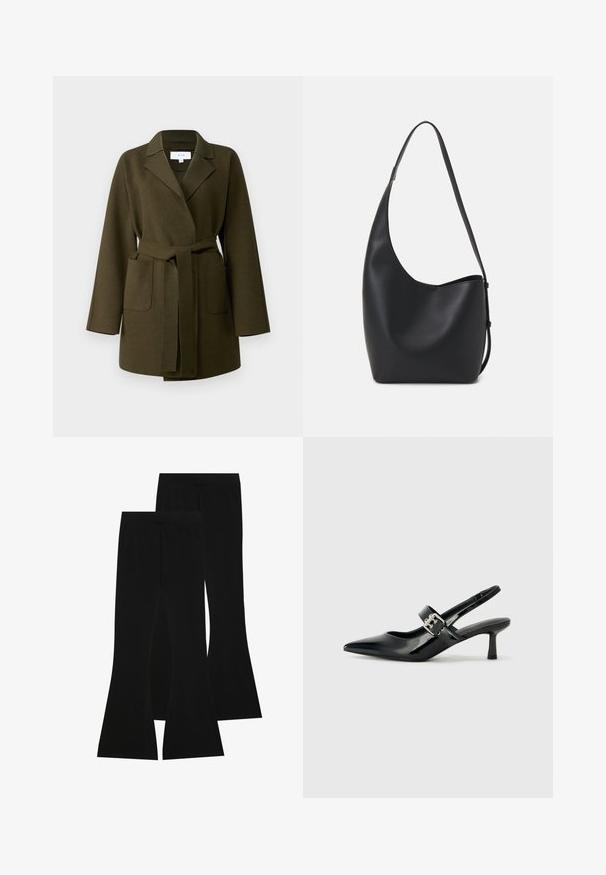 VILA VIJUICE BELT JACKET - Cappotto classico - four leaf clover; T-shirt nera in cotone con maniche corte, caratterizzata da una piccola grafica di una farfalla rosa sul lato sinistro del petto. Design a girocollo con una vestibilità rilassata.; Pantaloni neri a zampa d'elefante realizzati in tessuto elasticizzato, con vita alta e una superficie liscia, dal taglio aderente che si allarga a partire dal ginocchio.; Décolleté neri in vernice con punta affilata e tacco a blocco piccolo, dotati di un accentuato con fibbia argentata sulla cinturino.; Borsa hobo nera in pelle con una superficie liscia, forma curvata e una singola tracolla regolabile; presenta un'ampia apertura nella parte superiore.