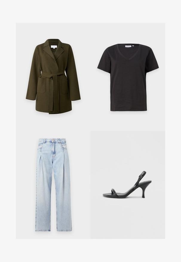 VILA VIJUICE BELT JACKET - Classic coat - four leaf clover; Black cotton T-shirt with a V-neck and short sleeves. Simple design with a regular fit and no patterns or accents.; Light blue denim jeans with a high waist, wide-leg cut, two side pockets, and pleated design feature. Soft texture with a faded finish.; Black leather high-heeled sandals with a slim, curved heel and a crossed strap design. Adjustable ankle strap. Smooth texture.