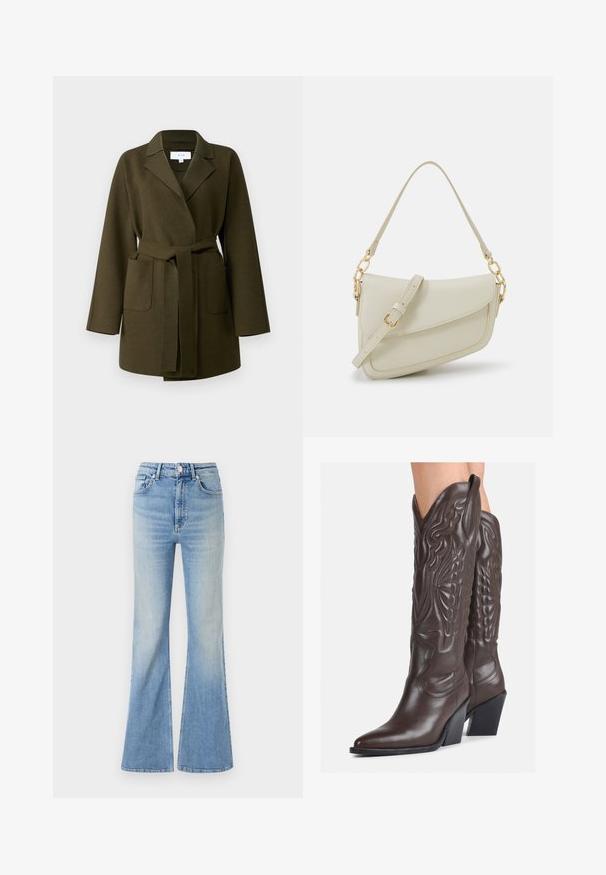 VILA VIJUICE BELT JACKET - Abrigo clásico - four leaf clover; Top de tirantes blanco sin mangas hecho de tela acanalada, con un escote redondeado y una silueta ajustada, con costuras mínimas y sin adornos.; Jeans acampanados de color azul claro, hechos de mezclilla, con una cintura alta, diseño de cinco bolsillos y un ligero degradado que va hacia el dobladillo.; Botas de vaquero de cuero marrón con punta afilada y tacón cuadrado, que presentan costuras detalladas y acentos elevados en el caño.; Pequeño bolso de mano crema con un acabado texturizado, una correa larga y ajustable, un acento de cadena y cierre de solapa. Detalles en hardware dorado.; Pendientes de aro de plata con diseño retorcido, que presentan un acabado pulido y cierre de presión. Miden aproximadamente 3 cm de diámetro.