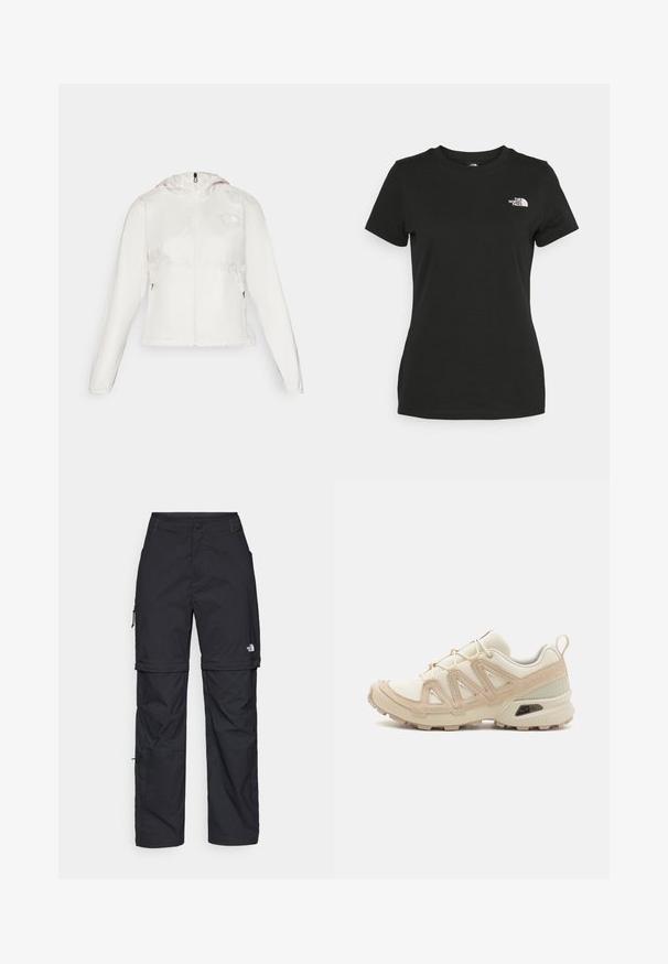 Weiße, leichte Jacke mit Reißverschluss vorne, Kapuze und elastischen Bündchen. Mit seitlichen Reißverschlusstaschen und einem Logo auf der linken Brust.; Schwarzes Baumwoll-T-Shirt mit Rundhalsausschnitt und kurzen Ärmeln. Auffälliges weißes Logo auf der oberen linken Seite. Glatte Textur, lässige Passform.; Schwarze Nylon-Zip-Off-Cargohosen mit verstellbaren Bündchen, mehreren Taschen und einem Logo am rechten Bein. Glatte, leichte Textur.; Beige und cremefarbenen Sportschuh mit strukturiertem Mesh-Obermaterial, unterstützenden Überzügen und Gummisohle mit einem Profilmuster für Bodenhaftung.