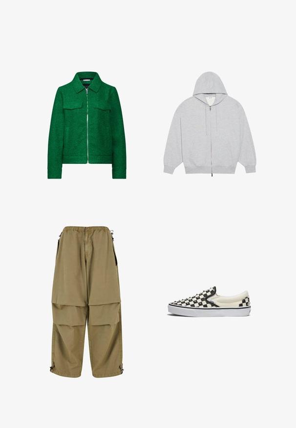 Grön zip-up-jacka i texturerad tyg. Har två bröstfickor och krage. Strukturerad passform med långa ärmar, utan synliga utsmyckningar.; YOURTURN OVERSIZE BASIC ZIP HOODIE UNISEX - Tröja med dragkedja - mottled-grey; Vit t-shirt med kort ärm gjord av mjukt tyg. Har en rund halslinning och en enkel, ren design med en rak nederkant.; Tan cargobyxor med elastisk midja, stora framfickor och justerbara manschetter. Tillverkade av lättviktsmaterial med en slät yta.; Vans CLASSIC - Slip-ins - black