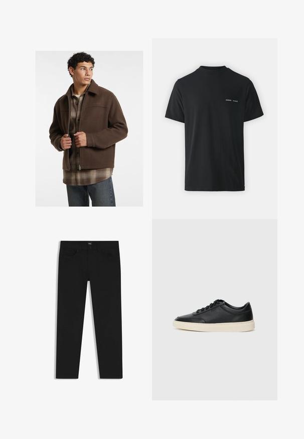 Guess Jeans Overgangsjakke - braun; Sort bomulds t-shirt med klassisk rund hals, korte ærmer og to små hvide "SAMSØE" logoer på venstre bryst.; Sorte denimbukser med lige pasform, der har en standard talje, fem lommer og en knaplukning. Glat struktur over det hele.; Sort lavt top lædersneaker med sorte snørebånd og off-white sål vist i sideprofil på hvid baggrund.
