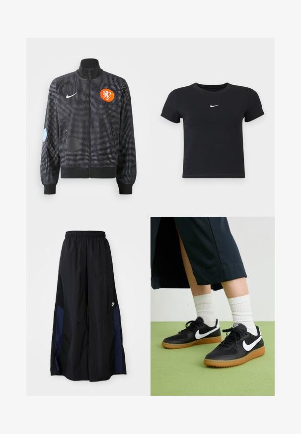 Černá zipová bunda s bílým tečkovaným vzorem, oranžovým lvím znakem a různými modrými a černými nášivkami na rukávech. Vyrobena z hladkého textilu.; Černé tričko s krátkým rukávem vyrobené z bavlny s kulatým výstřihem. Na hrudi se nachází bílé logo Nike, minimalistický design a přiléhavý střih.; Černé kalhoty širokého střihu vyrobené z lehkého materiálu, s námořnickou modrou bočním panelem a elastickým pasem. Malé bílé logo na spodní části.; Černé kožené a syntetické tenisky s bílým logem Nike, gumovou podrážkou, kulatou špičkou a černými tkaničkami. Viditelné žebrované bílé ponožky.