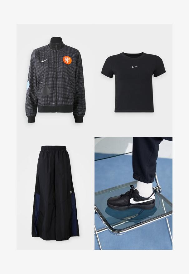 Zwarte zip-up jack met een wit stippenpatroon, oranje leeuwenkreet en verschillende blauwe en zwarte patches op de mouwen. Gemaakt van stof met een zachte textuur.; Zwarte katoenen t-shirt met korte mouwen en ronde hals. Voorzien van een wit Nike-logo op de borst, minimalistisch ontwerp en een aansluitende pasvorm.; Zwarte wijdlopende broek van lichtgewicht stof, met een marineblauwe zijpaneel en een elastische tailleband. Klein wit logo onderaan.; Zwarte Nike sneakers met witte accenten, met een gladde leren textuur, vetersluiting en ronde neus, geplaatst op een glazen stoel.