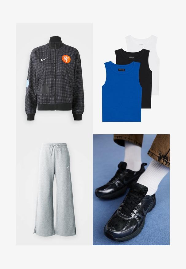 Sort zip-up jakke med hvidt prikmønster, orange løvecrest og forskellige blå og sorte lapper på ærmerne. Fremstillet af stof med glat tekstur.; Tre ærmeløse skjorter i blå, sort og hvid. Stoffet er ribbet med en rund halsudskæring. Hver skjorte har et mærke med teksten "even&odd."; Lysegrå sweatpants lavet af blød stof, med snøre i taljen, brede ben og sideslids. Nike-logoet præsenteret diskret.; Sorte Nike sportssko har en mesh-overdel med blanke detaljer, sorte snørebånd og en struktureret sål. Sammen med hvide ribbet sokker.