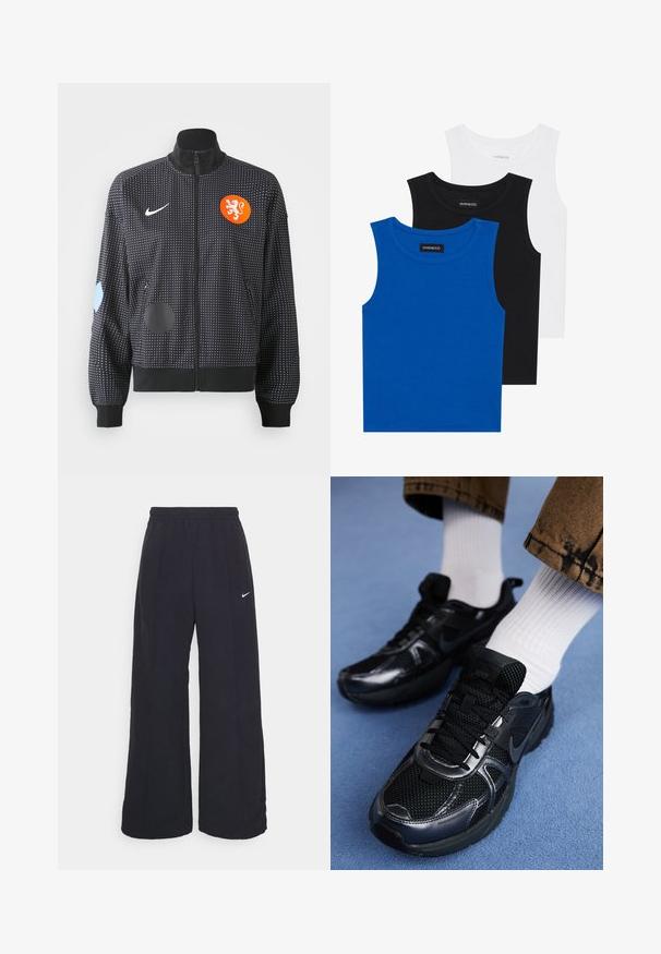 Black zip-up jacket with white dotted pattern, orange lion crest, and various blue and black patches on sleeves. Made of fabric with smooth texture.; Three sleeveless shirts in blue, black, and white. The fabric is ribbed with a round neckline. Each shirt has a tag labeled “even&odd.”; Black wide-leg pants with an elastic waistband and a small white Nike logo. Fabric has a smooth texture, designed for comfort and casual wear.; Black Nike sports shoes feature a mesh upper with shiny accents, black laces, and a textured sole. Paired with white ribbed socks.