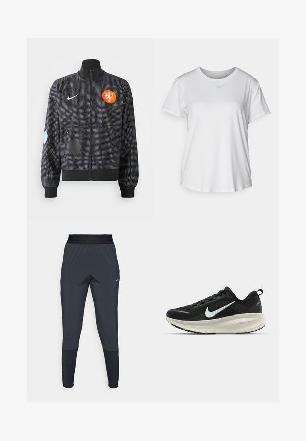 Zwarte zip-up jack met een wit stippenpatroon, oranje leeuwenkreet en verschillende blauwe en zwarte patches op de mouwen. Gemaakt van stof met een zachte textuur.; Witte T-shirt met korte mouwen van gladde stof, met een ronde halslijn en een klein grijs Nike-logo op de borst.; Nike sportieve broek in donkergrijs, met een tapered leg ontwerp, elastische tailleband en accentdetails bij de boorden.; Zwarte Nike hardloopschoen met ademend mesh bovenwerk, witte swoosh-logo, gestructureerde details en een crèmekleurige ZoomX middenzool.