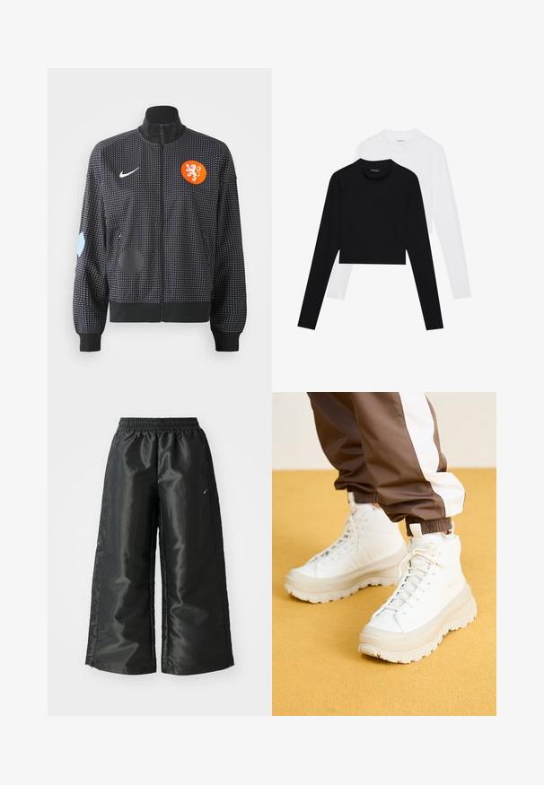 Črna zip-up jakna z belem pikastim vzorcem, oranžnim levjim grbom in različnimi modrimi in črnimi našitki na rokavih. Narejena iz tkanine z gladko teksturo.; Set dveh dolgih rokavov, kratkih majic v črni in beli barvi. Narejene iz mehke tkanine z okroglo izrezom in oprijetim krojem.; Črne atletske hlače iz sijočega, gladkega blaga, z elastiko v pasu, širokimi nogami in majhnim logotipom na levi strani.; Bele visoke teniske z masivnim, teksturiranim podplatom, z gladkim zgornjim delom, okroglim prstom in toniranimi vezalkami, postavljene na rumeno ozadje.