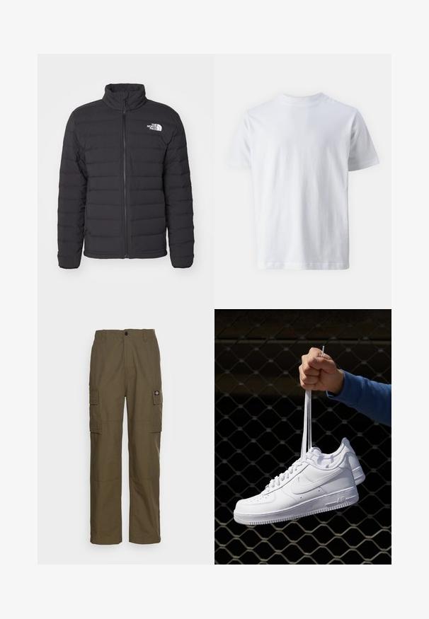 Giacca nera isolante con colletto alto, cuciture orizzontali, zip frontale e un piccolo logo bianco sulla spalla sinistra.; T-shirt bianca a maniche corte realizzata in cotone, con scollo rotondo e una texture liscia, dal taglio dritto e senza fantasie.; Pantaloni cargo verde oliva, realizzati in tessuto resistente. Presentano due tasche laterali, un punto vita standard e un design a gamba dritta.; Sneakers in pelle bianca con perforazioni, punta rotonda, suola piatta e lacci spessi, con logo swoosh visibile e "AIR" sul tallone.