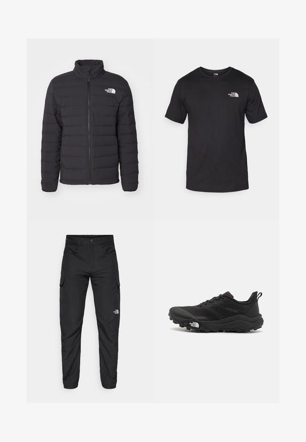 Black insulated jacket with a high collar, horizontal stitching, front zipper, and a small white logo on the left shoulder.; Black short-sleeve t-shirt made of cotton, featuring a round neckline and a small white logo on the upper left chest area.; The North Face HORIZON PANT - Outdoor trousers - black; Black trail running shoe with a textured upper, rubber sole, and reinforced toe cap. Features a padded collar and pull tab for easy wear.