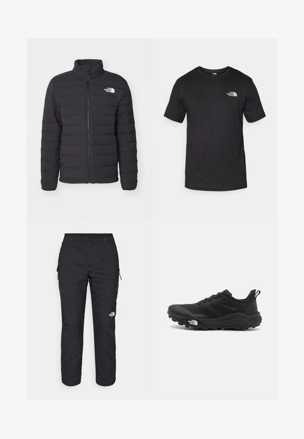 Zwarte geïsoleerde jas met een hoge kraag, horizontale stiksels, een ritssluiting aan de voorkant en een klein wit logo op de linkerschouder.; Zwarte T-shirt met korte mouwen van katoen, voorzien van een ronde halslijn en een klein wit logo op de bovenste linkerkant van de borst.; The North Face WINTER EXPLORATION TAPERED CARGO - Outdoorbroeken - black; Zwarte trailrunning schoen met een gestructureerde bovenkant, rubberen zool en versterkte neus. Voorzien van een gevoerde kraag en een trekhaak voor eenvoudig aan- en uittrekken.