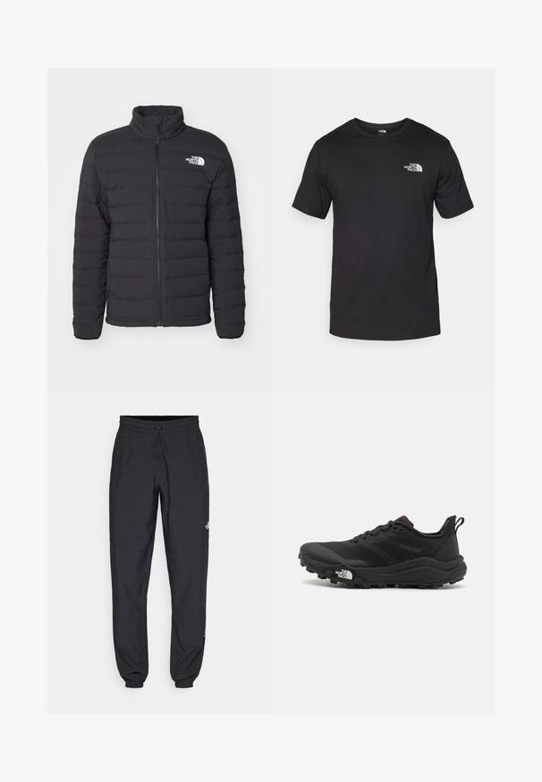 Casaco isolado preto com gola alta, costura horizontal, fecho éclair frontal e um pequeno logótipo branco no ombro esquerdo.; T-shirt preto de manga curta feito de algodão, com um decote redondo e um pequeno logótipo branco na parte superior esquerda do peito.; Calças atléticas pretas feitas de tecido leve, com um cós ajustável por cordão, bolsos laterais e punhos afunilados nos tornozelos.; Sapatilha de trail running preta com um upper texturizado, sola de borracha e biqueira reforçada. Possui um colarinho acolchoado e uma alça para facilitar o calçar.