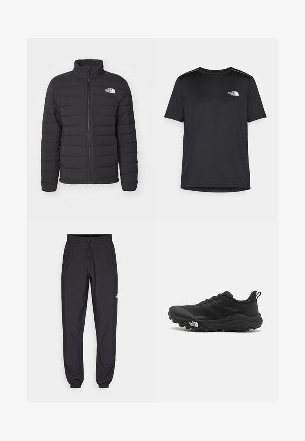 Black insulated jacket with a high collar, horizontal stitching, front zipper, and a small white logo on the left shoulder.; Black short-sleeve T-shirt made from lightweight fabric. Features a small white logo on the left chest and subtle shoulder accents.; Black athletic pants made from lightweight fabric, featuring a drawstring waistband, side pockets, and tapered cuffs at the ankles.; Black trail running shoe with a textured upper, rubber sole, and reinforced toe cap. Features a padded collar and pull tab for easy wear.