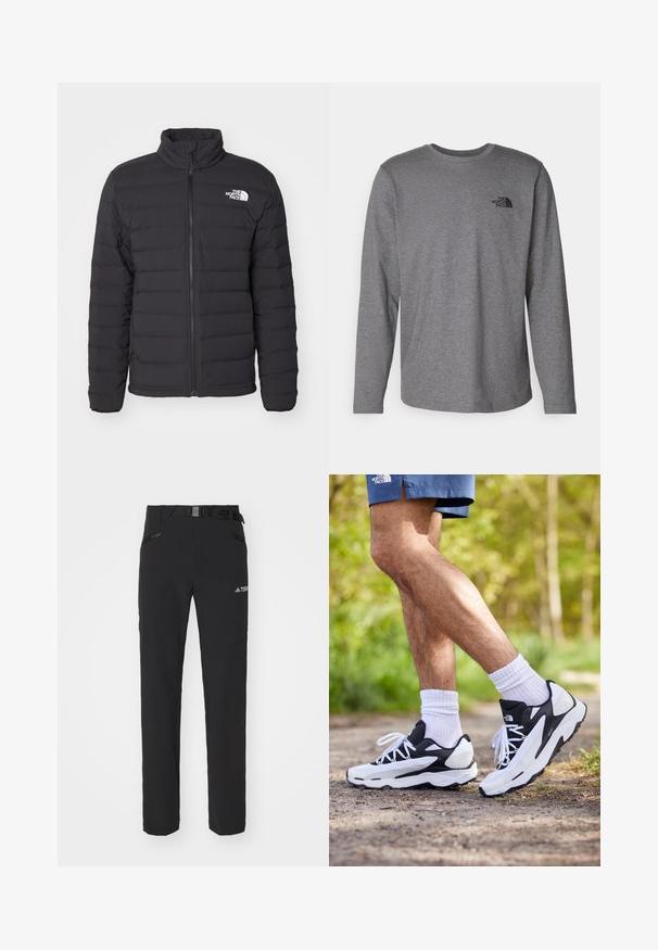Giacca nera isolante con colletto alto, cuciture orizzontali, zip frontale e un piccolo logo bianco sulla spalla sinistra.; The North Face M L/S SIMPLE DOME TEE - Maglietta a manica lunga - medium grey heather; Pantaloni outdoor neri con tessuto liscio, tasche laterali con zip, sezioni delle ginocchia rinforzate e una cintura regolabile con fibbia.; Scarpe sportive in bianco e nero con tomaia in rete, dettagli testurizzati e lacci bianchi. Indossate con calzini bianchi alla caviglia e pantaloni corti blu navy su un sentiero.