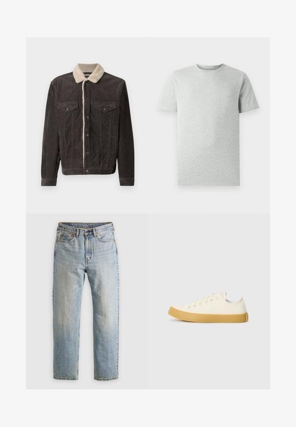 Mørkegrå kordjakke med en cremet faux fur-krave, der har to brystlommer og metaltryknapper foran. Tekstureret stof med lodrette striber.; En simpel lys grå kortærmet T-shirt med rund hals, vist på en hvid baggrund, set foran uden synlige logoer eller designs.; Lysblå denim jeans med høj talje, frontknap, lynlås og fem-lomme design, lagt fladt på en neutral baggrund.; Læder sneakers i off-white med rund tå, der har beige gummisåler og fem øjer til snørebånd, struktureret finish på overdelen.