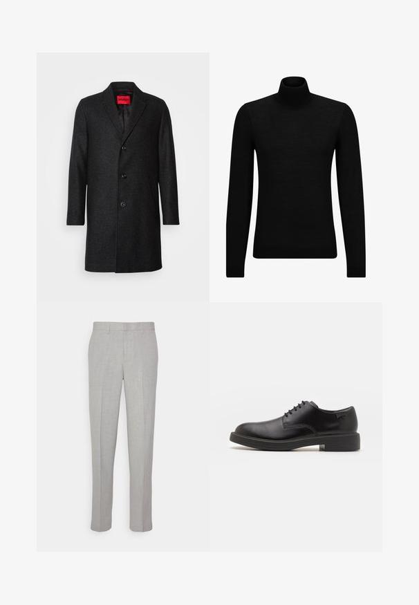 Schwarzer Wollmantel mit taillierter Passform, Reverskragen, Dreiknopfverschluss und seitlichen Taschen. Futter mit einer Markenetikette.; Schwarzer Rollkragenpullover aus weichem Material mit langen Ärmeln und enger Passform. Rippbesatz am Saum und an den Bündchen. Einfaches Design.; Hellgraue Hose mit glatter Textur, flachem Front und geraden Beinen. Aus atmungsaktivem Material gefertigt, mit Innentaschen und Gürtelschlaufen.; Schwarzer Leder-Schnürschuh mit abgerundetem Zeh, glatter Textur, minimaler Naht und niedrigem Gummiabsatz. Logo auf der Ferse.