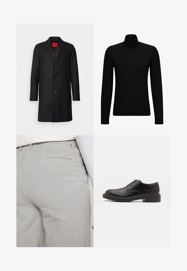 Melnas vilnas mētelis ar pielāgotu piegriezumu, ar iekļautu apkakli, trīs pogu aizdari un sānu kabatām. Oderēts iekšpuse ar zīmola birku.; Melnā augstā kakla džemperis, kas izgatavots no mīksta materiāla, ar garām piedurknēm un pieguļušu piegriezumu. Ribota apdare ap apakšu un piedurknēm. Vienkāršs dizains.; Gaiši pelēkas pielāgotas bikses no teksturēta auduma, ar vienu aizmugurējo kabatu un tīru šuvju apdari.; Melna āda sašūta kurpe ar noapaļotu purngalu, gludu tekstūru, minimālu šuvju skaitu un zemu gumijas papēdi. Logo uz papēža.