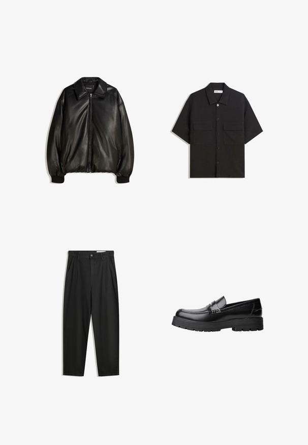 Črna usnjena jakna z zadrgo spredaj, velikim ovratnikom, rebrastimi manšetami in ohlapnim krojem. Gladka tekstura z minimalno podrobnostmi.; Črna kratkotrajna srajca iz tkanine z gladko teksturo, ima dve sprednji žepki, klasičen ovratnik in zapiranje na gumb.; Črne bombažne hlače s sproščenim krojem, ki vključujejo klasičen pas, sprednje gube in stranske žepke. Gladka tekstura brez vzorcev.; Črne usnjene loafersice s debelim profiliranim podplatom in dekorativnim pasom čez zgornji del, prikazane v levem stranskem profilu na beli podlagi.