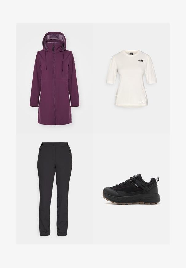 Fioletowa kurtka softshell z wysokim kołnierzem i kapturem. Posiada zamek błyskawiczny z przodu, dwie boczne kieszenie oraz regulowane troczki w kapturze.; The North Face - Koszulka sportowa; Czarne spodnie na zewnątrz, wykonane z lekkiego materiału, mają prosty krój nogawek, boczne kieszenie zapinane na zamek oraz regulowany pas.; Czarne buty sportowe z teksturowaną skórzaną i tekstylną cholewką, wzorzystą podeszwą, wzmocnionym noskiem oraz regulowanym systemem sznurowania.