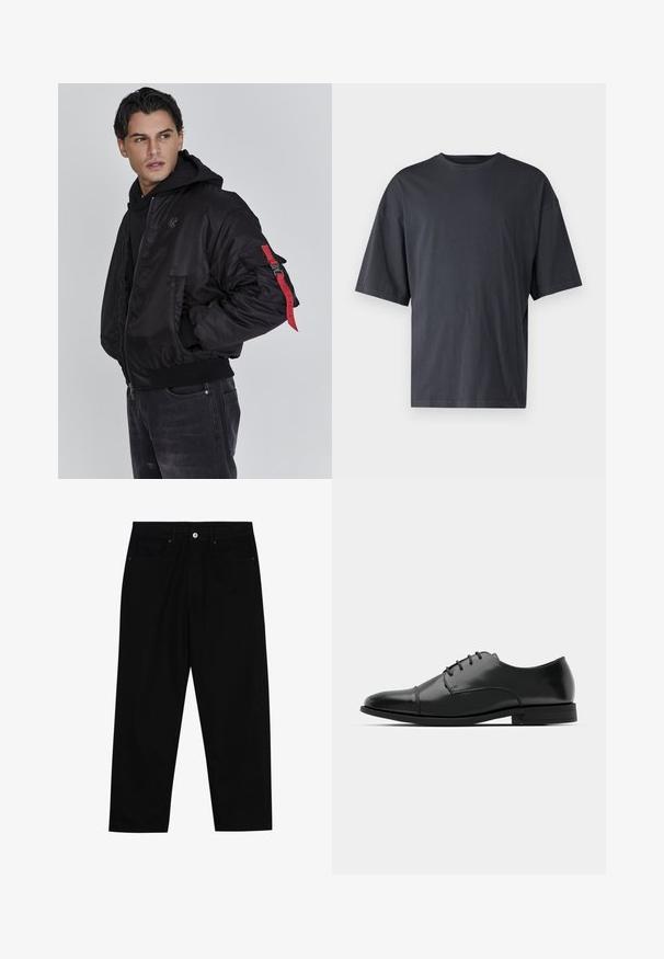 Vīrietis, kas valkā melnu bomber jakku ar sarkanu siksnu detaļu uz piedurknes un melnu kapuci, skatās pa kreisi uz vienkārša pelēka fona.; Tumši pelēkas īsām piedurknēm T-krekls, izgatavots no viegla kokvilnas, ar brīvu piegriezumu un klasisku apaļu kakla izgriezumu, bez rakstiem un ar vienveidīgu faktūru.; Melni džinsi ar taisnu kāju griezumu, piecu kabatu dizainu un priekšēju pogu aizdari. Gluda tekstūra ar minimālu šuvju detaļu skaitu.; Melnas ādas vadmalas kurpes ar noapaļotu purngalu, saistījuma dizains, smalkas izšuvumu detaļas un zema papēža. Gluda tekstūra ar spīdīgu apdari.