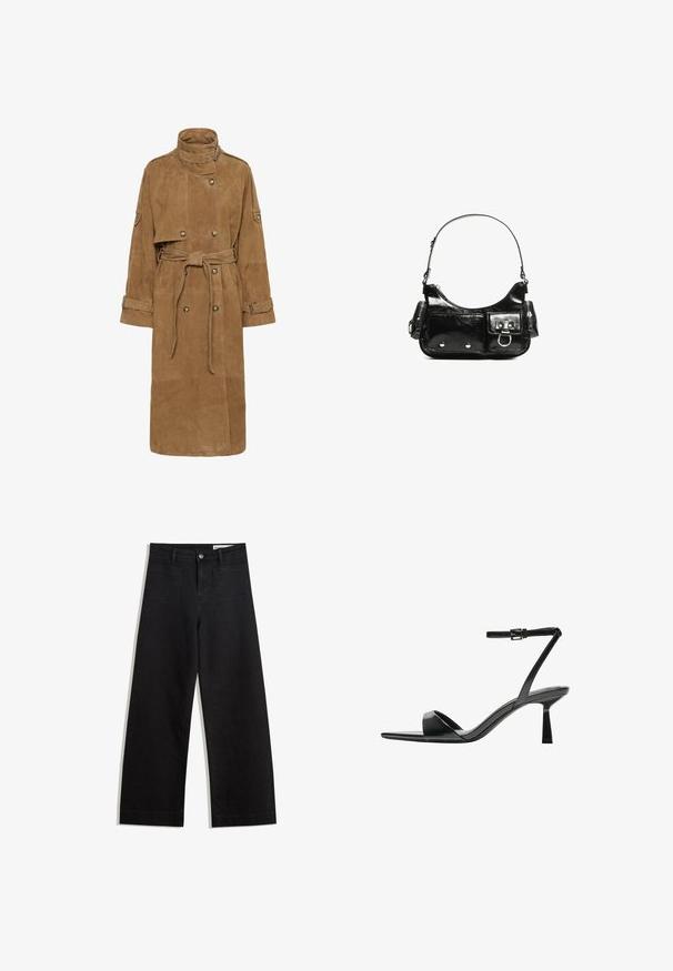 Tan suède trenchcoat met een hoge kraag, dubbele knoopsluiting aan de voorkant, een ceintuur in de taille en grote zakken. Voorzien van mouwbanden en een gewatteerde afwerking.; Lichtgrijze trui gemaakt van zachte brei stof, met een ronde halslijn, verlaagde schouders en ribgebreide manchetten en zoom. Eenvoudig ontwerp, zonder patronen.; Zwarte denim broek met wijde pijpen en een hoge taille, voorzien van voor- en achterzakken, gestikte naden en een knoopsluiting. Gladde textuur.; Bershka Sandalen met hoge hak - black; Zwarte laarzen in lakleer met een gebogen vorm, één schouderband, voorvakken en accenten in zilverkleurig metaal.