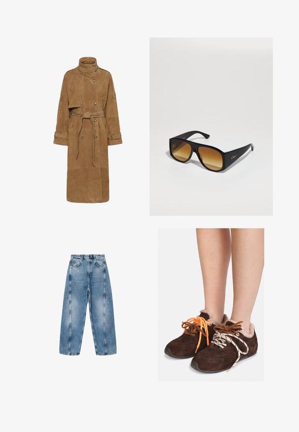 Tan suède trenchcoat met een hoge kraag, dubbele knoopsluiting aan de voorkant, een ceintuur in de taille en grote zakken. Voorzien van mouwbanden en een gewatteerde afwerking.; Grijze cropped trui gemaakt van zacht, fuzzy materiaal. Heeft lange mouwen en een ronde halslijn, met een gladde, lichte textuur.; Witte T-shirt met korte mouwen, gemaakt van zachte katoen, met een ronde halslijn en een ontspannen pasvorm met omgerolde zoomdetails. Geen patronen of accenten.; Lichtblauwe denim jeans hebben een relaxte pasvorm, grote zakken en contrasterende stiksels. De stof heeft een vervaagde afwerking met een soepele textuur.; Bruine leren instapschoenen met een voering van bont, gedragen op blote voeten, met mismatched veters: de ene is oranje en de andere is wit met zwarte strepen.; Zwarte rechthoekige zonnebril met bruine verlooplenzen. Gemaakt van plastic, met een glad oppervlak en een subtiele gouden logo op de poot.