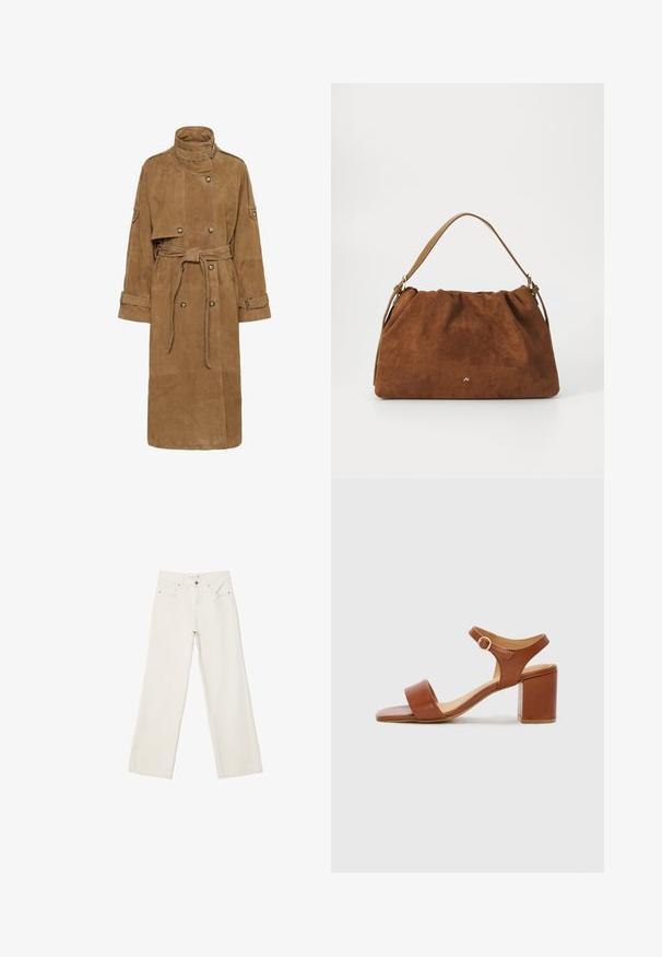 Nagolarnik zamszowy w kolorze tan, z wysokim kołnierzem, podwójną plisą z przodu, paskiem w talii oraz dużymi kieszeniami. Posiada paski na mankietach oraz teksturowane wykończenie.; Beżowy sweter z krótkim rękawem, wykonany na drutach, z okrągłym dekoltem, z fakturowanym wzorem i prążkowanym dołem. Prosty, dopasowany fason.; Białe dżinsy w szerokim kroju wykonane z denimu, z wysokim stanem, przednimi kieszeniami i zapięciem na guzik. Czysty design z minimalnymi akcentami.; Brązowe skórzane sandały na obcasie z kwadratowym noskiem, regulowanym paskiem wokół kostki i słupkowym obcasem. Gładka faktura i minimalistyczny design.; Brązowa torebka z zamszu o marszczonym wzorze, z pojedynczym paskiem w kolorze tan i subtelnym złotym logo z przodu.