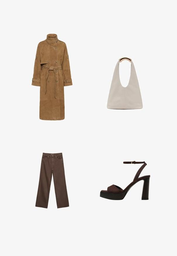 Beige Wildleder-Trenchcoat mit hohem Kragen, doppelreihiger Vorderseite, Taillengürtel und großen Taschen. Verfügt über Ärmelriemen und eine strukturierte Oberfläche.; Helles beige T-Shirt mit kurzen Ärmeln und Rundhalsausschnitt, aus weichem, glattem Stoff gefertigt. Verfügt über eine lockere Passform und einen geraden Saum.; Weite braune Jeans aus Denim, mit hoher Taille, Fronttaschen und klassischem Knopfverschluss. Glatte Textur mit feinen Nähten.; Braune Wildleder-Pumps mit offenem Zeh, verstellbarem Knöchelriemen und gestreiftem Plateausohlen.; Hellgraue Lederhandtasche mit einem U-förmigen Design und einem geschwungenen, metallischen Griff. Glatte Textur mit minimalen Nähten und ohne sichtbare Muster.