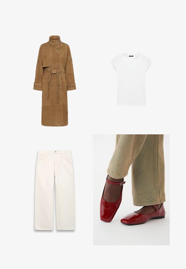 Tan ruskinds trenchcoat med høj krave, dobbeltknappet front, bælte i taljen og store lommer. Har manchetremme og en tekstureret overflade.; Hvid t-shirt med korte ærmer lavet af blødt bomuld, med rund halsudskæring og raglan ærmer, der har et afslappet, lige snit uden mønstre.; Hvide vide jeans lavet af denim, med knaplukning, fem lommer og subtile stikningsdetaljer. Rent, minimalistisk design.; Røde patentlæder sko med firkantet tå, lav hæl og ankelrem, parret med lysegrønne vide bukser. Glat tekstur, reflekterende overflade.