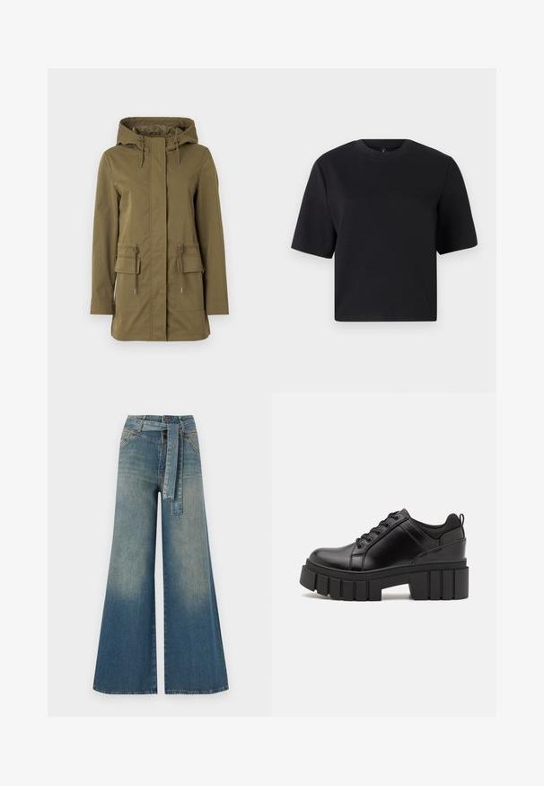 Maslinasto zelena jakna s kapuljačom, strukom s vezicom, dva prednja džepa i ravnim krojem. Napravljena od glatkog, laganog materijala.; Crna majica s kratkim rukavima, okrugli izrez, izrađena od glatke pamučne tkanine; ležeran kroj, minimalni dizajn, bez vidljivih uzoraka ili akcenata.; Široke traperice s gradijentom od svijetloplave do tamnoplave, visokog struka, petljama za remen i remenom od istog materijala. Teksturirana traper tkanina.; Crne kožne platforme s debelim blok-peta, okruglim prstima i klasičnim dizajnom vezanja. Imaju gladak tekstur i minimalne detalje.