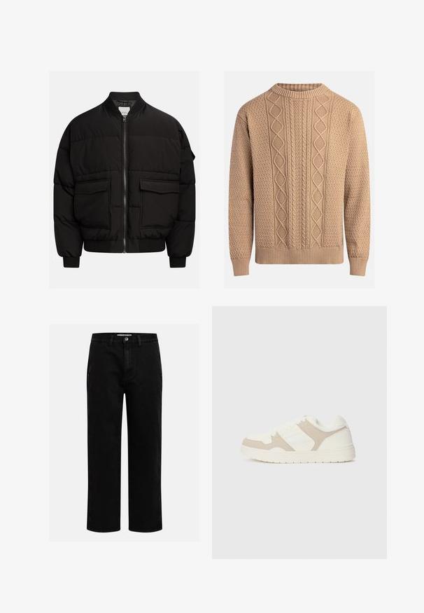 Veste en duvet noire avec un col montant, fermeture éclair, deux poches avant, poignets et ourlet côtelés, et dotée d'un design matelassé pour l'isolation.; Pull en tricot beige avec des motifs texturés. Il présente un col rond, des poignets côtelés et des designs de tricot en câble variés sur le devant.; Pantalons en denim noir avec une coupe droite, design classique à cinq poches et fermeture à bouton à la taille. Texture lisse et tissu durable.; Baskets blanches et beiges présentant une combinaison de textures lisses et en daim, un bout rond, un système de laçage et une semelle en caoutchouc plate.