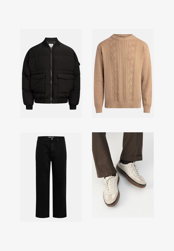 Schwarze Daunenjacke mit Stehkragen, Reißverschluss, zwei vorderen Taschen, gerippten Bündchen und Saum, ausgestattet mit einer gesteppten Optik zur Isolierung.; Beiger Strickpullover mit strukturierten Mustern. Verfügt über einen Rundhalsausschnitt, gerippte Bündchen und unterschiedliche Zopfmuster auf der Vorderseite.; Schwarze Jeanshose mit geradem Schnitt, klassischem Fünf-Taschen-Design und einem Knopfverschluss an der Taille. Glatte Textur und strapazierfähiger Stoff.; Beige Sneakers mit einer strukturierten Wildlederfront, glatten Lederseiten und einer braunen Gummisohle. Bändel und helle Nähdetails sind enthalten.